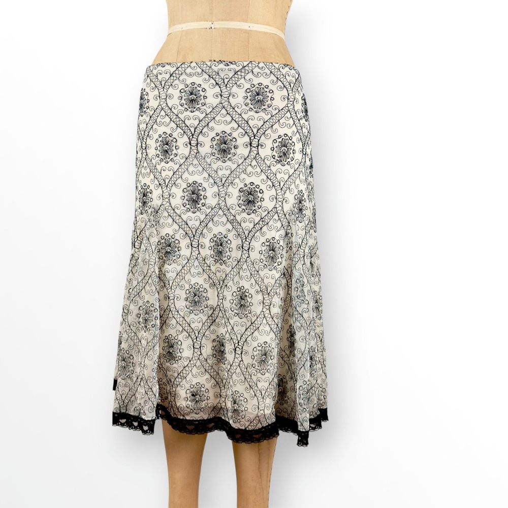 2000s Mesh Embroidered Midi Skirt Lace Hem Dark Romantic Whimsygoth Size M